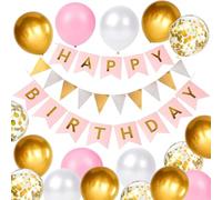 Happy Birthday Bunting Banner and Balloons - Macaron Pink and Gold Birthday Decoration Set - 16pcs Balloons, Ribbons, Banners (Gold & Pink+SJQ)