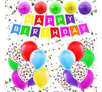 Happy Birthday Bunting Banner Pink Blue Green Purple With Shimmering Gold Letters - Latex Balloons & Soft Paper Pom Pom - Perfect For Birthday Party Decorations - Birthday Decoration Kit