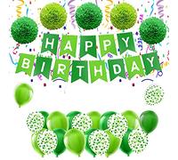 Happy Birthday Bunting Banner Pink Blue Green Purple With Shimmering Gold Letters - Latex Balloons & Soft Paper Pom Pom - Perfect For Birthday Party Decorations - Birthday Decoration Kit