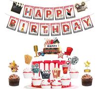 Happy Birthday Bunting Birthday Party Banner Movie Buff Birthday Party Decorations Supplies Birthday Party Hanging Bunting cupcake topper for Home Mantel Fireplace Wall Window Decoration