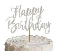 Happy Birthday Cake Decorations, Happy Birthday Cake Topper, Silver happy birthday Cake Topper, 1PC birthday Cake Toppers Silver Glitter, Paper Anniversary Party Decoration with Sparkling Surface