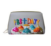 Happy Birthday Cake Leather Hand-Held Zipper Makeup Bag Cute Make Up Case Large Wide-Open Pouch Pen Case