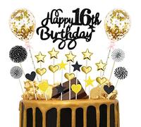 Happy Birthday Cake Topper 16th, 25pcs Black Gold Glitter Happy 16th Birthday Cake Topper with Star Heart Paper Fan Balloon, Birthday Cupcake Topper for Boys Sixteen Anniversary Birthday Party Decor