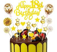 Happy Birthday Cake Topper 18th, 23pcs Gold Glitter Happy 18th Birthday Cupcake Topper Kit with Star Heart Paper Fans Confetti Balloons, 18 Years Old Party Cake Decorations for Girls Boys