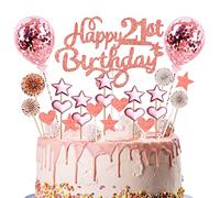Happy Birthday Cake Topper 21st, 23pcs Rose Gold Glitter Happy 21st Birthday Cake Topper Kit with Star Heart Paper Fan Confetti Balloon, Cupcake Topper for Girls 21st Party Cake Decorations