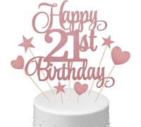 Happy Birthday Cake Topper 21st, 23pcs Rose Gold Glitter Happy 21st Birthday Cake Topper Kit with Star Heart Paper Fan, Cupcake Topper for Girls 21st Birthday Party Cake (Rose Gold)