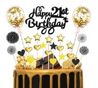 Happy Birthday Cake Topper 21st, 25pcs Black Gold Glitter Happy 21st Birthday Cake Topper with Star Heart Paper Fan Balloon Birthday Cupcake Topper for Boys Twenty-One Anniversary Birthday Party Decor