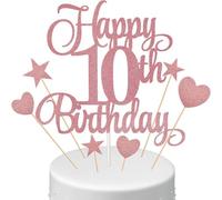 Happy Birthday Cake Topper, Double Digits 10 Cake Decorations, Happy 10th Birthday Cakes Toppers, HSC Rose Gold Glitter Cakes Decor Set with Stars & Hearts, Cupcake Toppers for 10th Birthdays Party