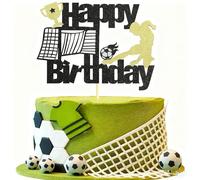 Happy Birthday Cake Topper, Football Cake Topper, Soccer Birthday Decorations for Boys Men, Gold Black Football Theme Decorations with Player Goal Trophy, VGRDTW Cake Insert Sign