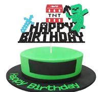 Happy Birthday Cake Topper - Glitter Pixel Miner Style Cake Picks Craft Decorations, Video Game Themed Cake Toppers for Kids Boy and Girl Birthday Party Supplies Decor