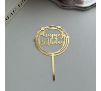 Happy Birthday Cake Topper Gold Acrylic - Elegant Design with Double Ring & Dot Decorations - Perfect for Adult Parties & Celebrations