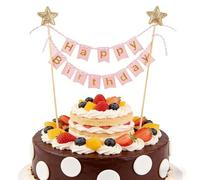 Happy Birthday Cake Topper - Handmade Durable Cardboard Cake Flags for Party Decorations - Easy to Install Reusable Cake Decor for DIY Birthday Cakes (Pink)
