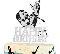 Happy Birthday Cake Topper King of Rock Theme Silver Glitter Decor Picks for Queen Freddie Mercury Party Decorations Supplies