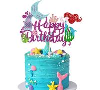 Happy Birthday Cake Topper, Mermaid Party Decorations, Mermaid Cake Topper, Purple Glitter Happy Birthday Topper with Seashell Design, 17x23.5cm Premium Card Stock for Under The Sea Theme Parties