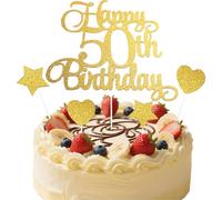Happy Birthday Cake Topper Personalised 2 Star 2 Heart, Gold Glitter Party Cake Decoration Gift Card, Cake Pick 50 Fabulous Cake Decoration for Happy 50th Birthday Anniversary Party Supplies