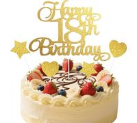 Happy Birthday Cake Topper Personalised 2 Star 2 Heart, Gold Glitter Party Cake Decoration Gift Card, Cake Pick 18 Fabulous Cake Decoration for Happy 18th Birthday Anniversary Party Supplies