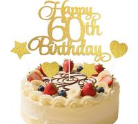 Happy Birthday Cake Topper Personalised 2 Star 2 Heart, Gold Glitter Party Cake Decoration Gift Card, Cake Pick 60 Fabulous Cake Decoration for Happy 60th Birthday Anniversary Party Supplies