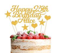 Happy Birthday Cake Topper Personalised 3 Star 3 Heart Customised Any Name Party Cake Decoration Gift Card 1st 18th 21st 30th 45th 60th 80th 100th for Girl Boy Mom Dad Grandparent (Gold)