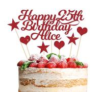 Happy Birthday Cake Topper Personalised 3 Star 3 Heart Customised Any Name Party Cake Decoration Gift Card 1st 18th 21st 30th 45th 60th 80th 100th for Girl Boy Mom Dad Grandparent Red