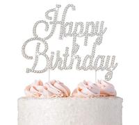 Happy Birthday Cake Topper - Premium Silver Metal - Happy Birthday Party Sparkly Rhinestone Decoration Makes a Great Centerpiece - Now Protected in a Box