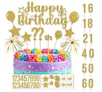 Happy Birthday Cake Topper Set with Numbers - Gold Glitter DIY Age Cake Decorations, Stars, Balloons, Sparkler Picks, Birthday Party Cake Decor Supplies for Any Age