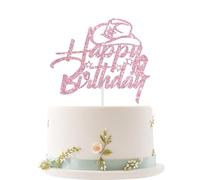 Happy Birthday Cake Topper, Western Theme Birthday Party Decorations, Wild West Birthday Cake Picks for Cowboy Cowgirl, Pink Glitter