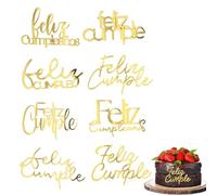 Happy Birthday Cake Toppers Feliz Cumpleaños Cupcake Decoration 8 Pcs Gold Letter Acrylic Mirror Side Spanish Feliz Cumple Sign Party Supplies