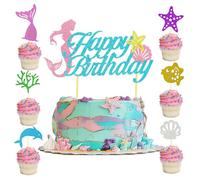Happy Birthday Cake Toppers, Mermaid Cake Topper Set (1 Large + 6 Small Flags), Mermaid Cake Decorations for Birthday Cake, Perfect for Girls Mermaid Party & Birthday Celebrations