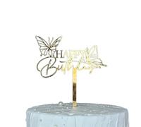 Happy Birthday Cake Toppers Mirror Acrylic Cake Topper Side Cake Decorations Gold Cake Inserts Cake for Brithday Party,1pcs (Happy Birthday with Butterflies)