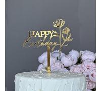 Happy Birthday Cake Toppers Mirror Acrylic Cake Topper Side Cake Decorations Gold Cake Inserts Cake for Brithday Party,1pcs (Happy Birthday with Flowers-2)