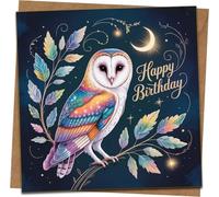 Happy Birthday Card 145mm x 145mm - Barn Owl Night Sky Design, Celestial Stars & Moon, Vibrant Illustrated Nature Art - Includes Kraft Envelope