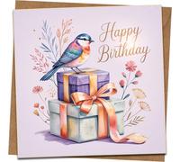 Happy Birthday Card 145mm x 145mm - Bird on Gift Boxes Floral Design, Blank Inside, Square Greeting Card with Kraft Envelope for Her Him Friend Mom Dad