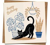 Happy Birthday Card 145mm x 145mm - Black Cat Stretch with Houseplants - Modern Square Greeting Card with Kraft Envelope for Cat Lovers, Friends, Her or Him