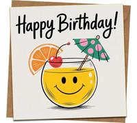 Happy Birthday Card - 145mm x 145mm - Fun Smiling Cocktail Glass with Umbrella Design - Blank Inside - Includes Kraft Envelope - For Him Her Friend Adult