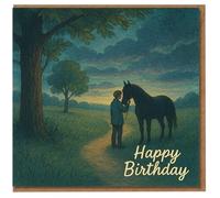 Happy Birthday Card - Boy and Horse at Sunset Illustration - Serene Nature Scene Square Greeting for Horse Lovers