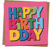 Happy Birthday Card - Colorful Bold Letters Square Greeting Card, Pink, Blank Inside, 145mm x 145mm, Fun Bright Design, Includes Kraft Envelope - For Her Him Kids Adults