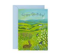 Happy Birthday Card - Countryside Meadow with Rabbit and Swallows - Nature-Inspired Birthday Card for Her, Mum, Grandma, Grandpa, Nan, Wife, Retired - Comes with Stickers