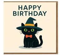 Happy Birthday Card - Cute Black Cat in Witch Hat with Orange Bow Tie - Playful Cat Lover Design, Halloween-Inspired