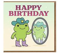 Happy Birthday Card - Cute Cowboy Frog with Star Hat and Boots Looking in Mirror - Fun Illustration for Kids, Teens and Frog Lovers
