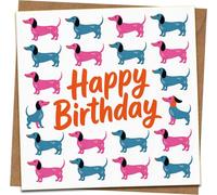 Happy Birthday Card - Cute Dachshund Dog Pattern, Bright Typography - 145mm x 145mm Square Greeting Card with Kraft Envelope - Fun Sausage Dog Design for Him Her Kids Adults