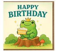 Happy Birthday Card - Cute Frog Prince with Cake on Tree Stump, Woodland Toadstools & Sparkles - Sweet Kids Animal Birthday Card for Boys, Girls & Frog Lovers