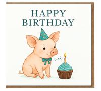 Happy Birthday Card - Cute Pig with Party Hat and Cupcake Candle - Fun Farm Animal Illustration with 'oink' and Bold 'HAPPY BIRTHDAY'