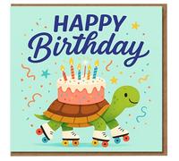 Happy Birthday Card - Cute Roller Skating Turtle Carrying Cake with Candles, Confetti Illustration - Fun Party Greeting