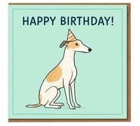 Happy Birthday Card - Cute Whippet Dog with Party Hat - Dog Lover Greeting - Blank Inside - For Him, Her, Friends or Family