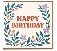 Happy Birthday Card - Elegant Botanical Border with Teal Leaves, Peach Berries and Lilac Flowers - For Her, Him, Friend or Family