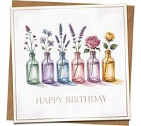 Happy Birthday Card - Floral Bottles Design, 145mm x 145mm Square Greeting Card with Kraft Envelope - Elegant Flower Vases Illustration for Her, Mom, Friend, Women