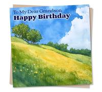 Happy Birthday Card For A Special Grandson - To My Dear Grandson - Beautiful Watercolour Hills - Special Happy Birthday Card For A Brilliant Grandson