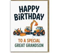 Happy Birthday Card for a Special Great Grandson - Construction Diggers & Tractor Design - Large A5 Size Greeting Card with Kraft Envelope