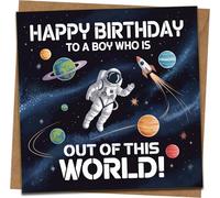 Happy Birthday Card for Boy - Out of This World Astronaut Space Theme, Rocket and Planets, 145mm x 145mm Square Greeting Card with Kraft Envelope