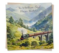 Happy Birthday Card for Dad - Beautiful Steam Train in Valley Scene - A Brilliant Dad Happy Birthday - Dad Birthday Card from Son, Daughter - Father Birthday Card